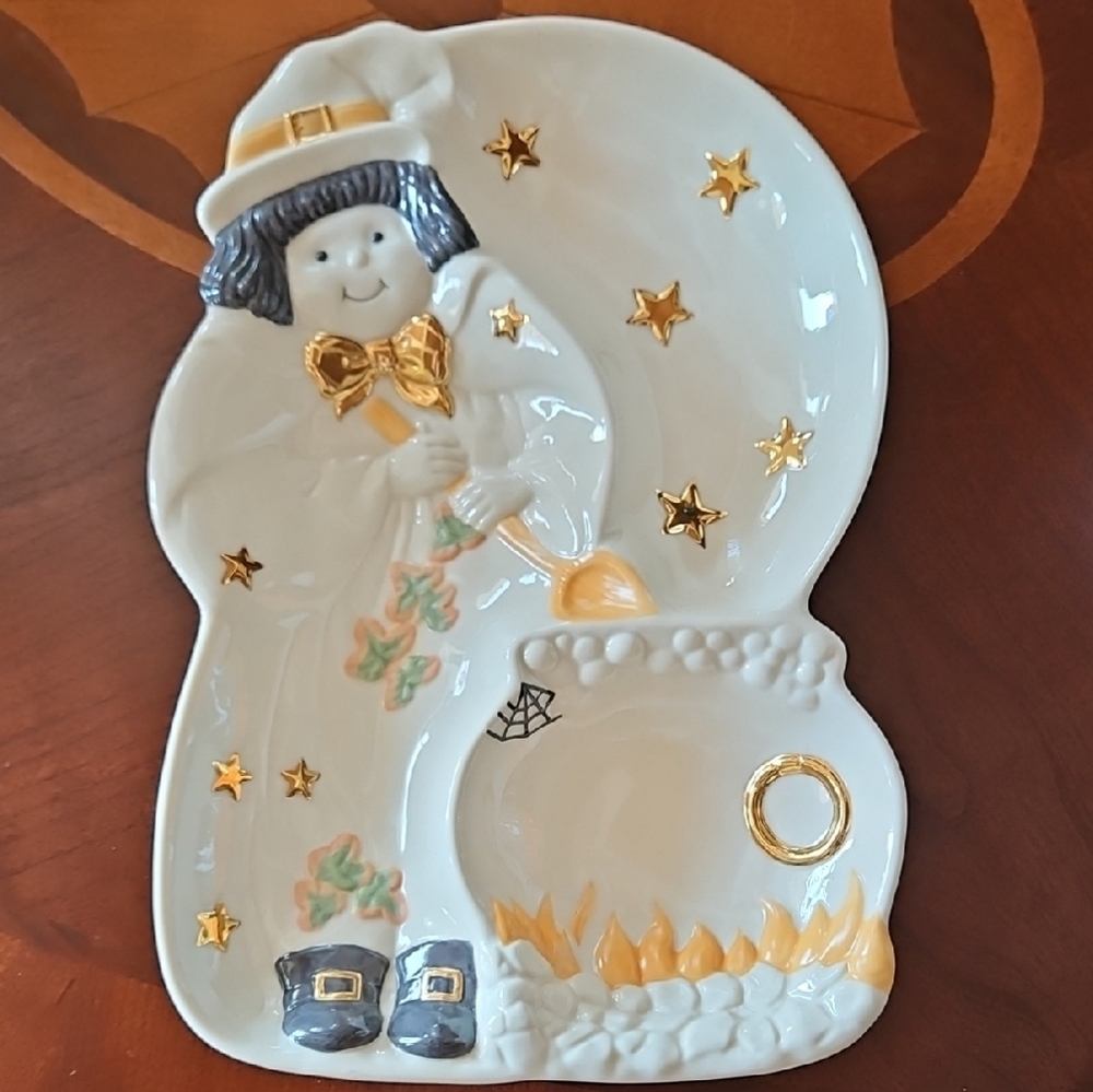 Lenox Occasions Halloween Autumn Witch Divided Candy Server Dish 24K Gold Trim